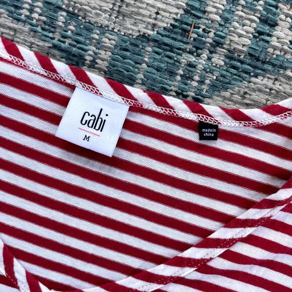 Cabi Flutter Tee Red & White Striped V-Neck Top with Ruffle Sleeves - Size M - Picture 4 of 7